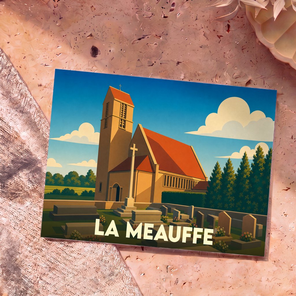 Carte postale souvenir de la ville de La Meauffe avec une illustration stylisée de son église et de son cimetière.