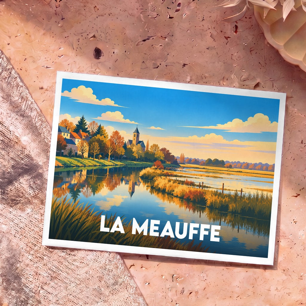 Carte postale souvenir de la ville de La Meauffe illustrant un paysage de rivière stylisé aux couleurs automnales.