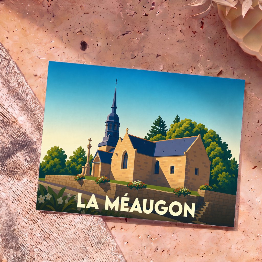 Carte postale souvenir de la ville de La Méaugon avec une illustration stylisée de son église.