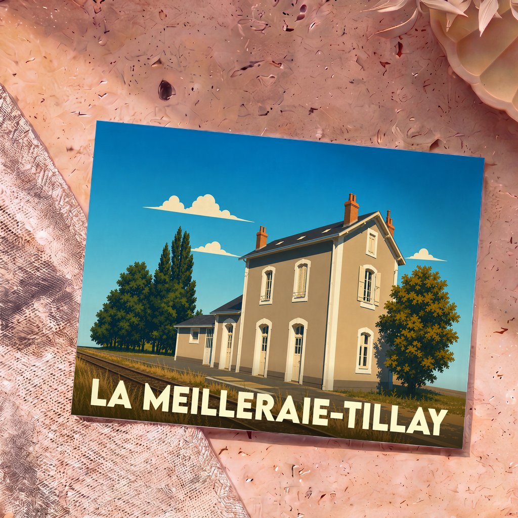 Carte postale souvenir de la ville de La Meilleraie-Tillay avec une illustration stylisée de sa gare.