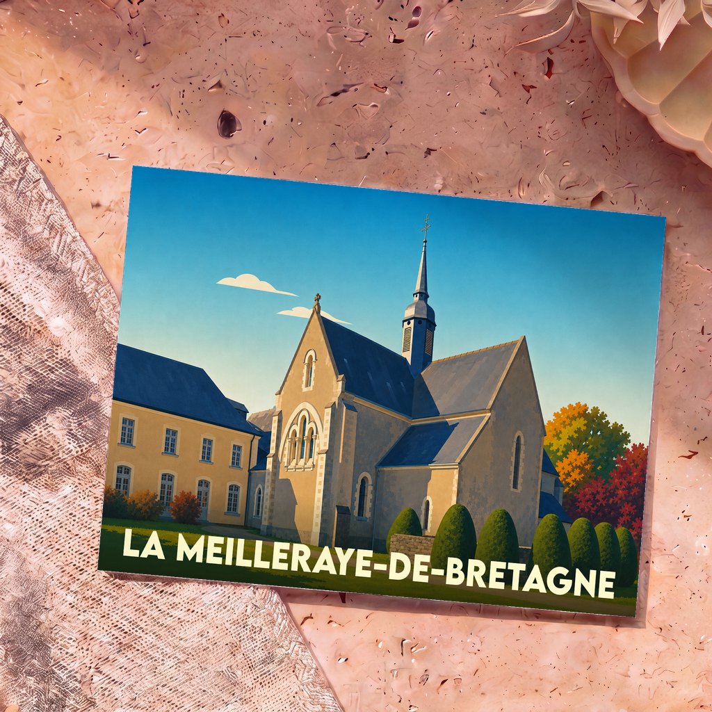 Carte postale souvenir de la ville de La Meilleraye-de-Bretagne avec une illustration stylisée de son abbaye.