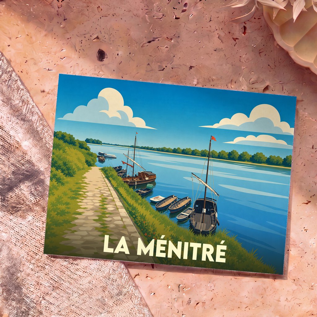 Carte postale souvenir de la ville de La Ménitré illustrant des bateaux traditionnels sur la Loire dans un style graphique épuré.