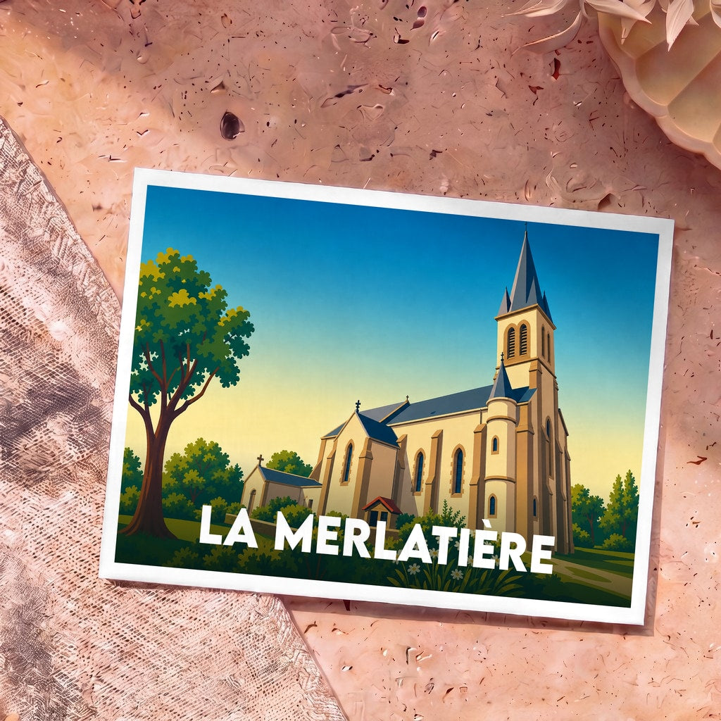 Carte postale souvenir de la ville de La Merlatière illustrant son église dans un style graphique et coloré.