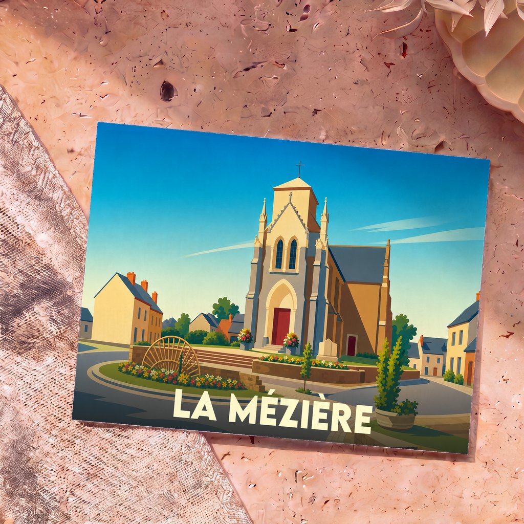 Carte postale souvenir de la ville de La Mézière avec une illustration stylisée de son église.