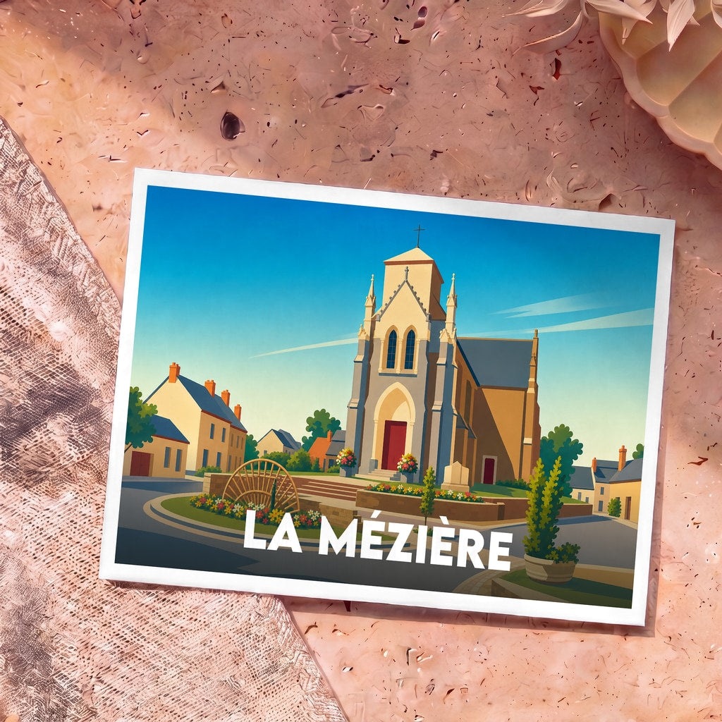 Carte postale souvenir de la ville de La Mézière avec une illustration stylisée de son église.