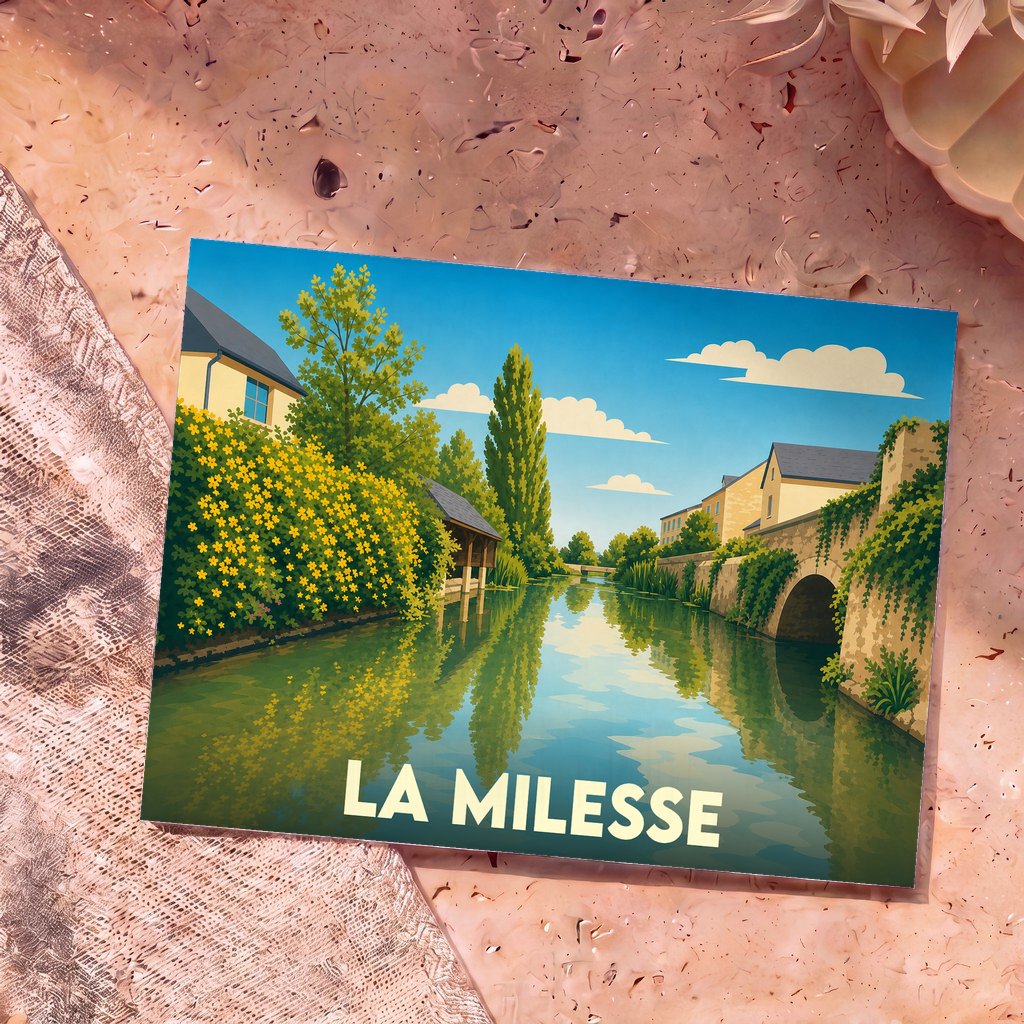 Carte postale souvenir de la ville de La Milesse avec une illustration stylisée d'un canal fleuri.
