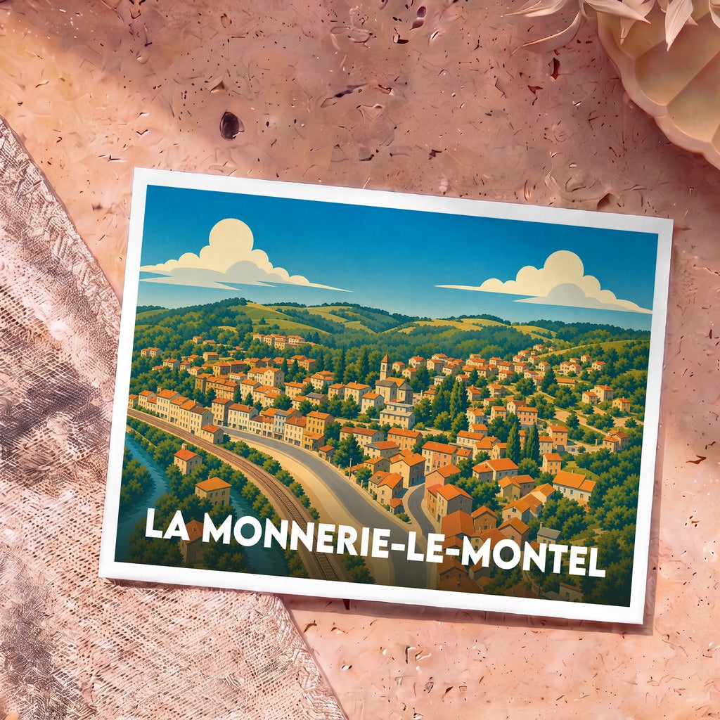 Carte postale souvenir de la ville de La Monnerie-le-Montel avec une illustration stylisée du village niché dans les collines.
