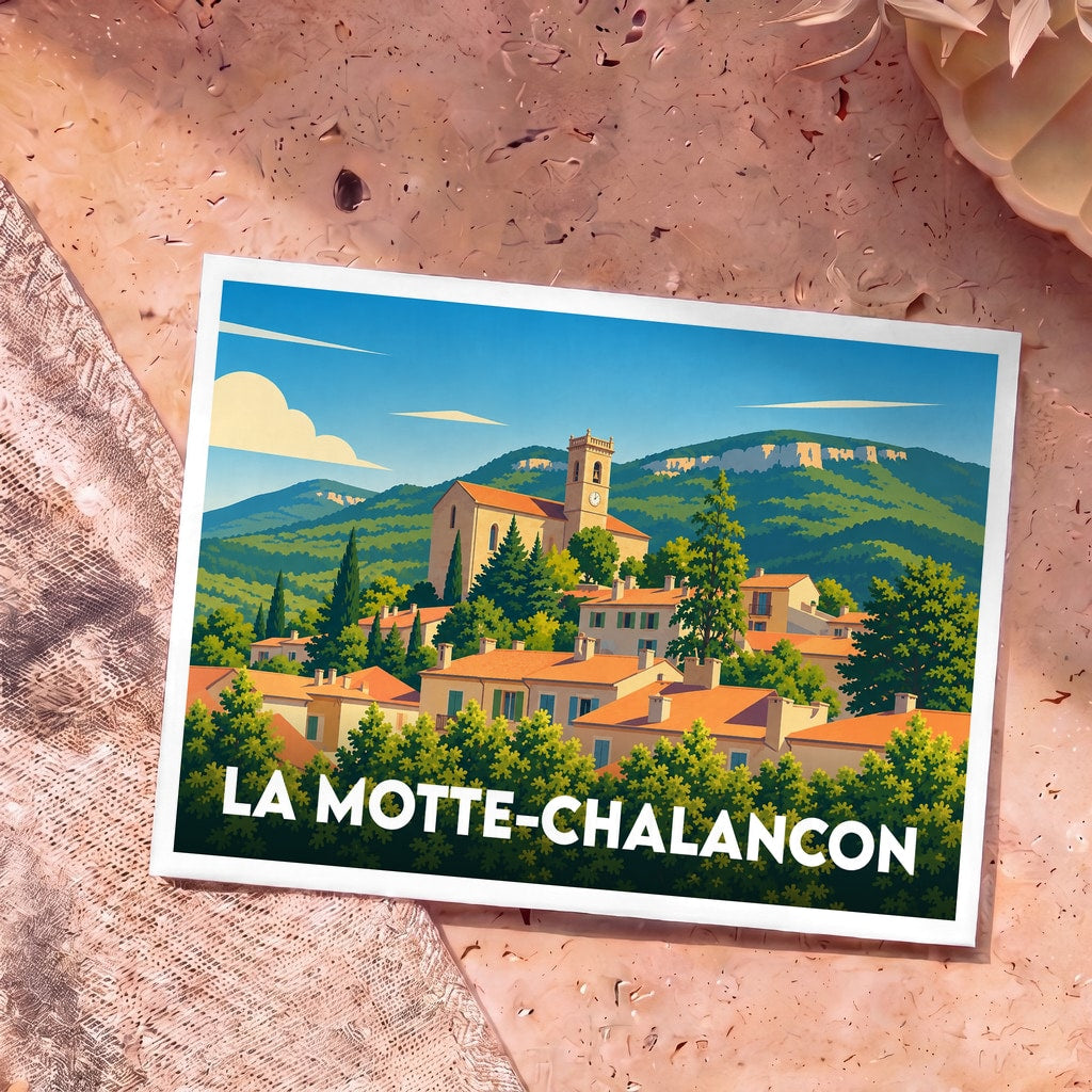 Carte postale souvenir de la ville de La Motte-Chalancon avec une illustration stylisée.