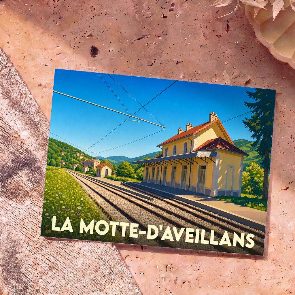 Carte postale souvenir de la ville de La Motte-d'Aveillans avec une illustration stylisée d'une gare sous un ciel bleu.