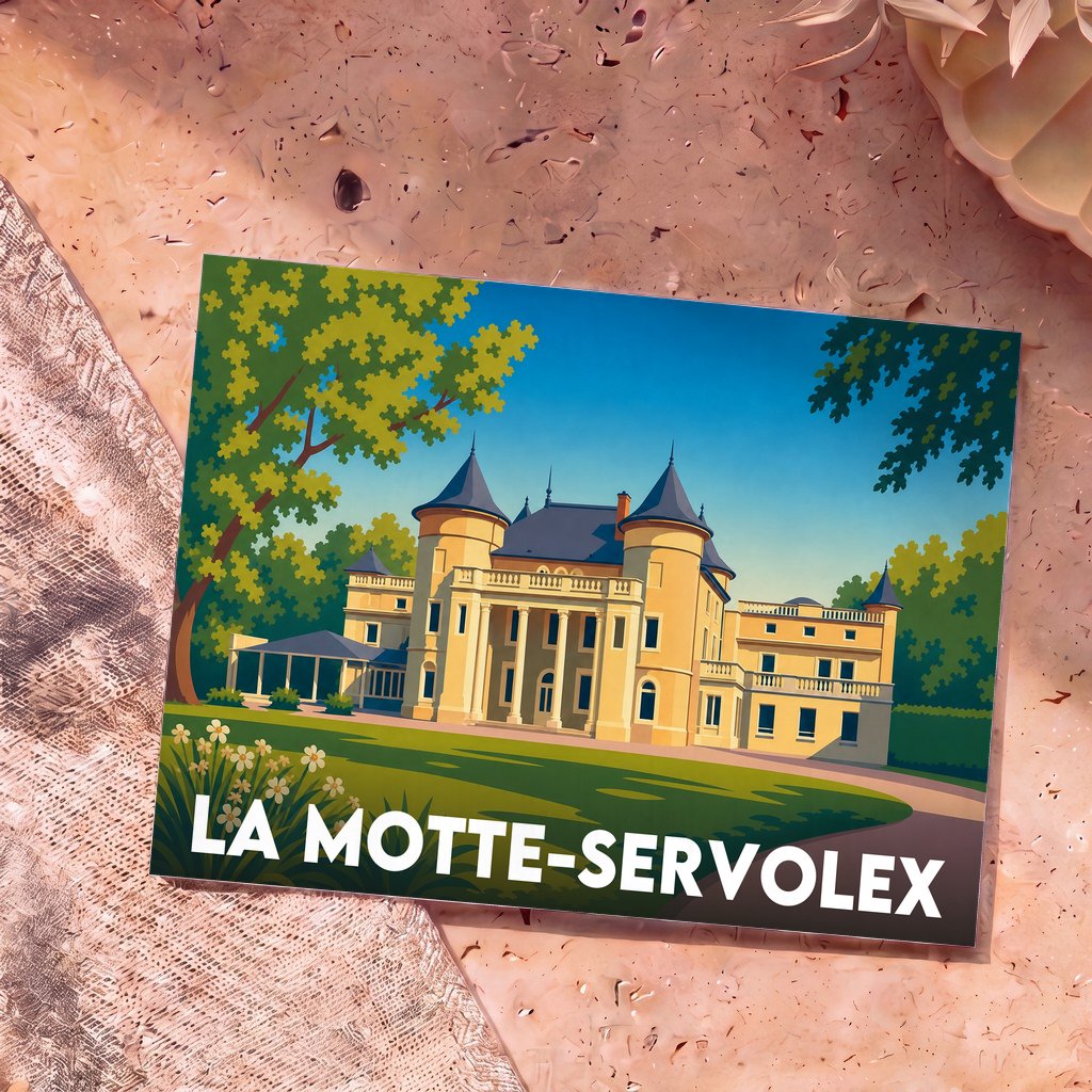 Carte postale souvenir de la ville de La Motte-Servolex avec une illustration stylisée d'un château.