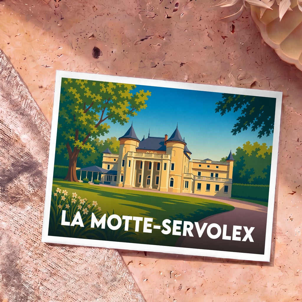 Carte postale souvenir de la ville de La Motte-Servolex avec une illustration stylisée d'un château.