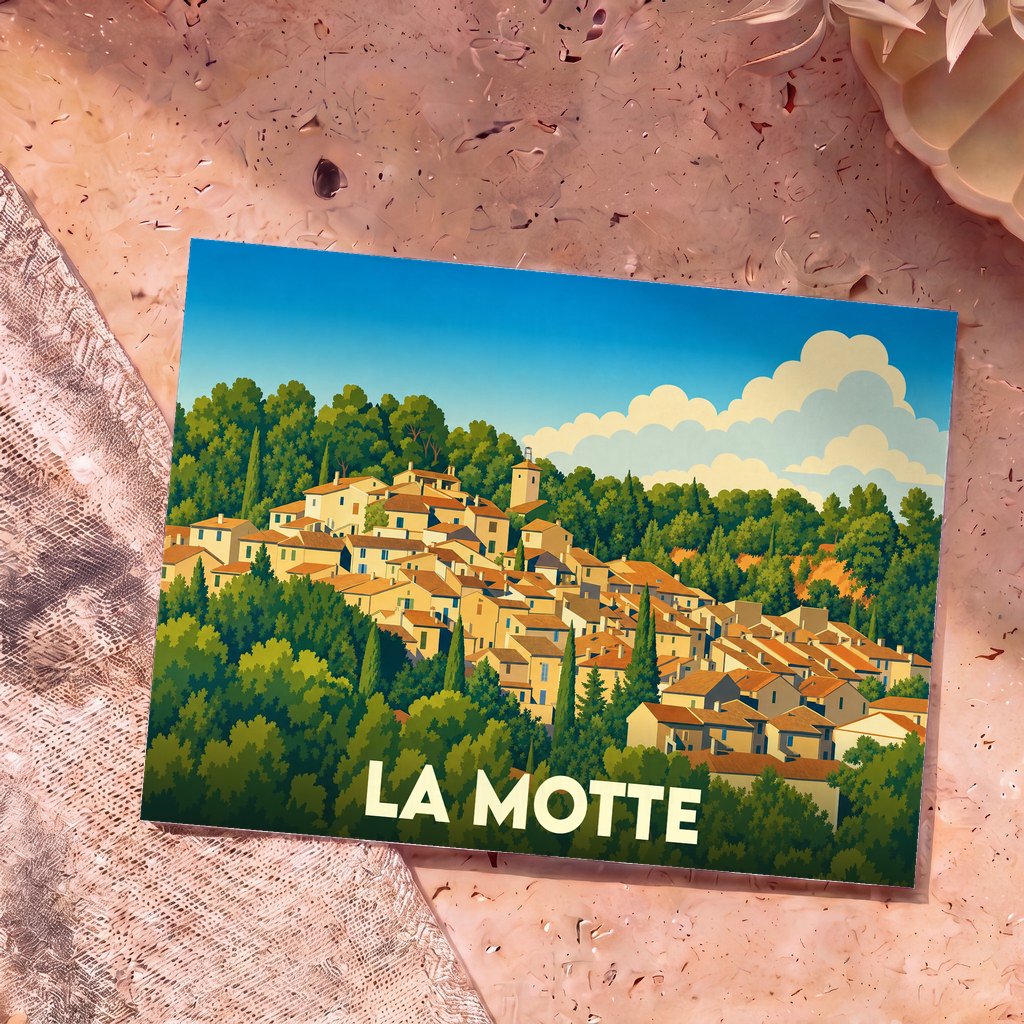 Carte postale souvenir de la ville de La Motte avec une illustration stylisée de son village perché.