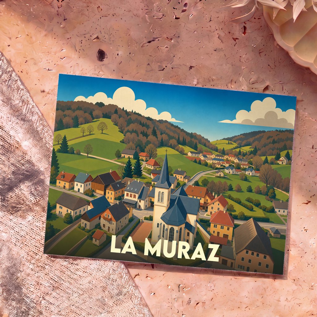 Carte postale souvenir de la ville de La Muraz avec une illustration stylisée d'un village de montagne.