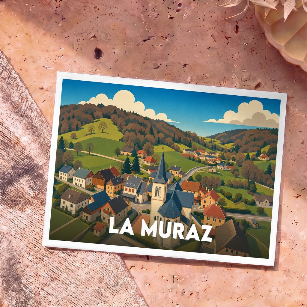 Carte postale souvenir de la ville de La Muraz avec une illustration stylisée d'un village de montagne.