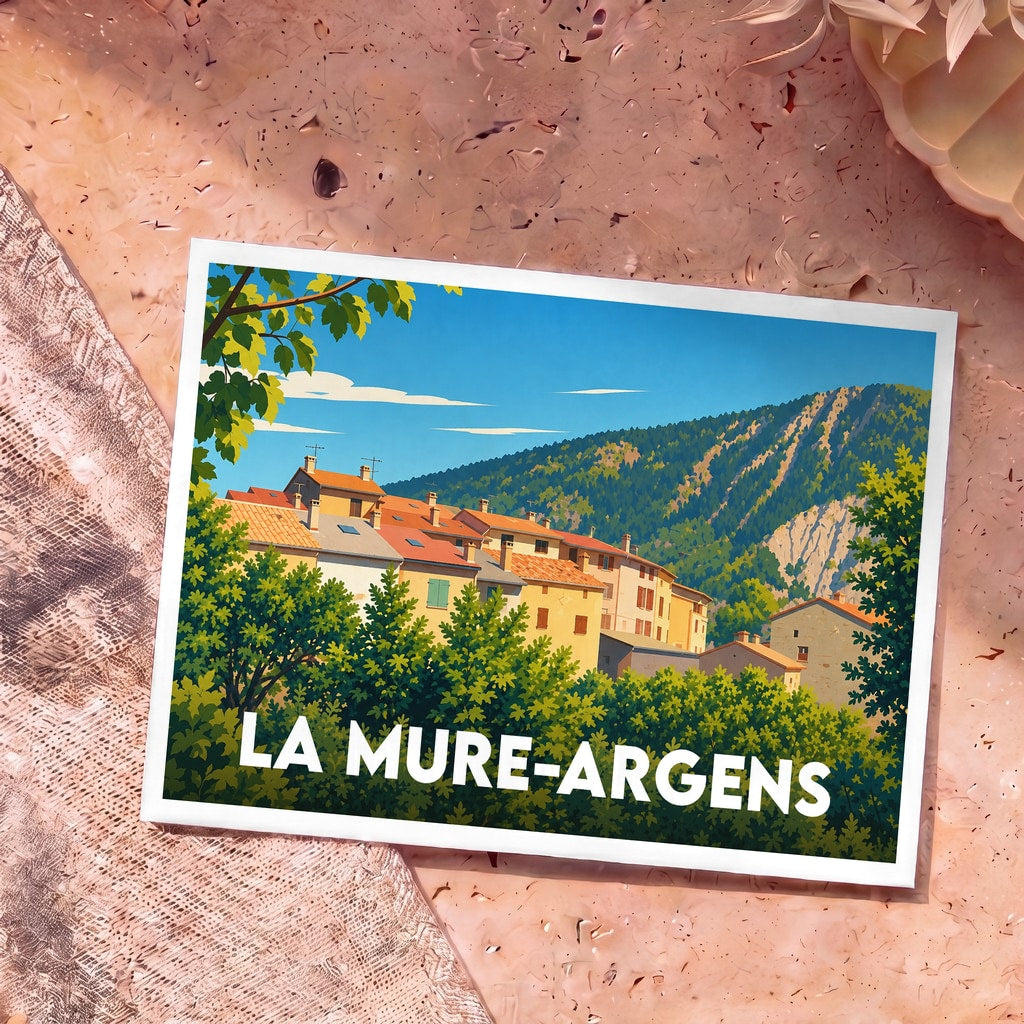Carte postale souvenir de la ville de La Mure-Argens avec une illustration stylisée et colorée.