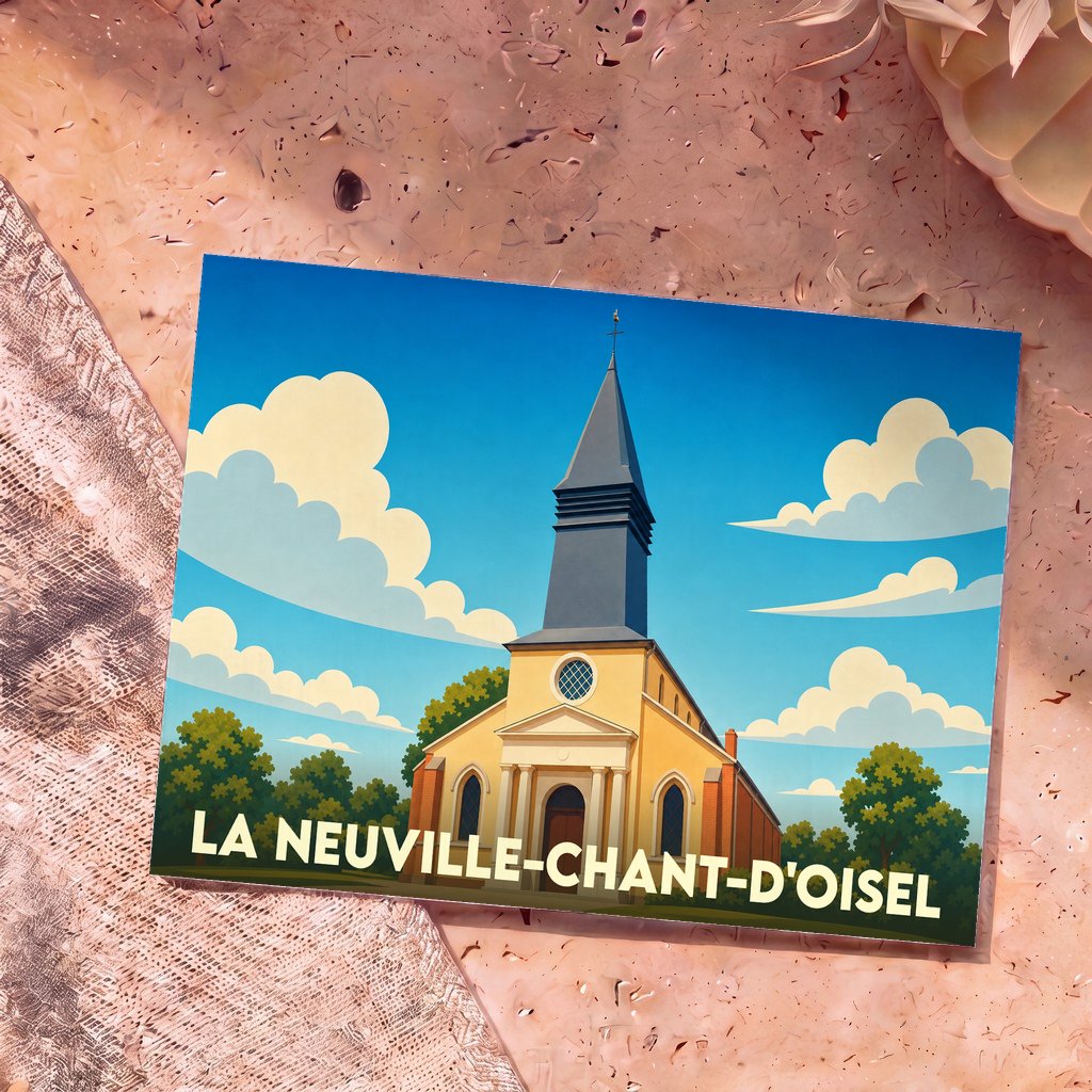 Carte postale souvenir de La Neuville-Chant-d'Oisel illustrant son église dans un style graphique épuré.