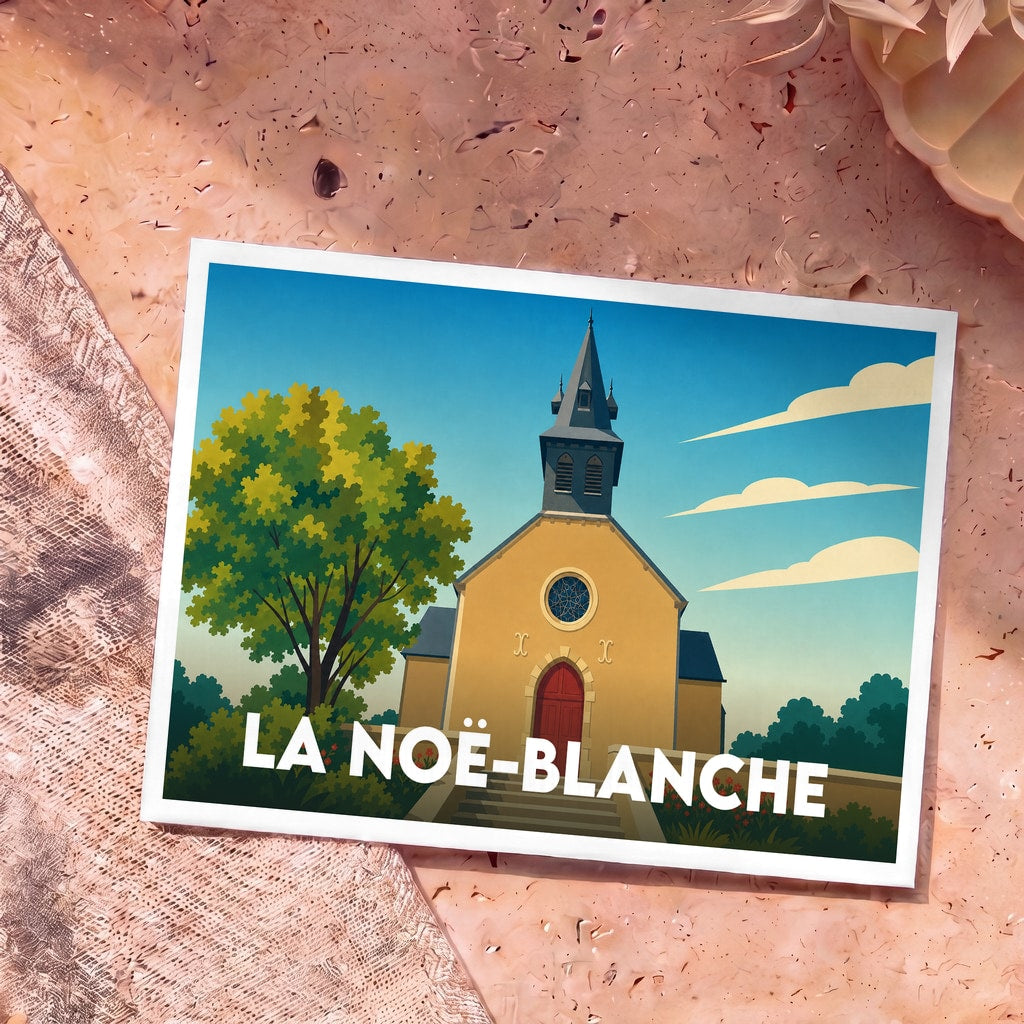 Carte postale souvenir de la ville de La Noë-Blanche illustrant son église dans un style graphique et coloré.