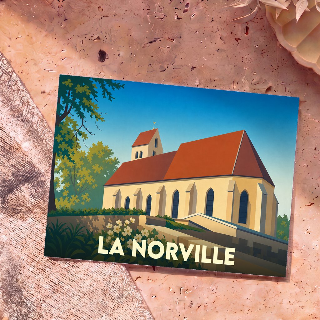 Carte postale souvenir de la ville de La Norville avec une illustration stylisée de son église.