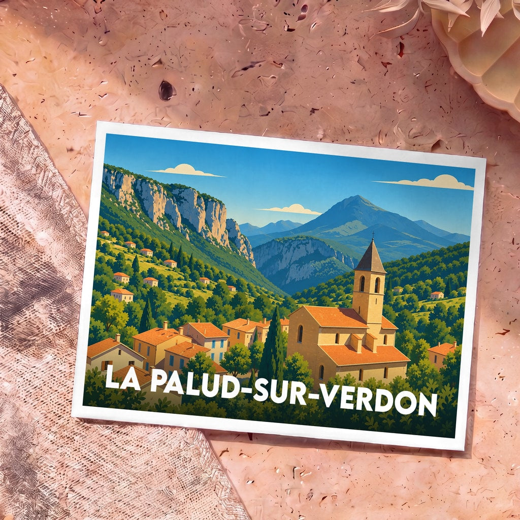 Carte postale souvenir de la ville de La Palud-sur-Verdon avec une illustration stylisée de son église et des montagnes environnantes.