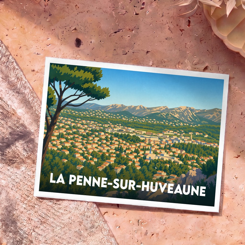 Carte postale souvenir de la ville de La Penne-sur-Huveaune avec une illustration stylisée.