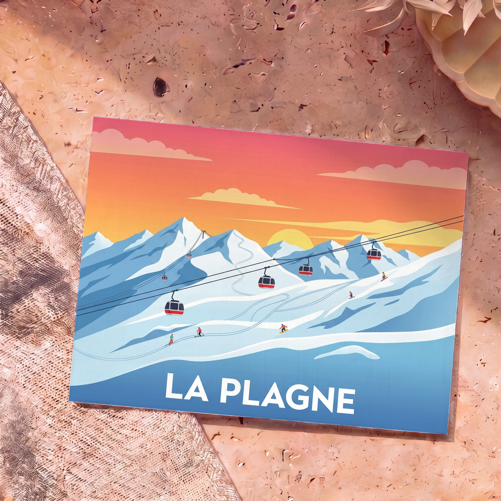 Carte postale souvenir de La Plagne avec une illustration stylisée de montagnes enneigées et de télécabines au coucher du soleil.