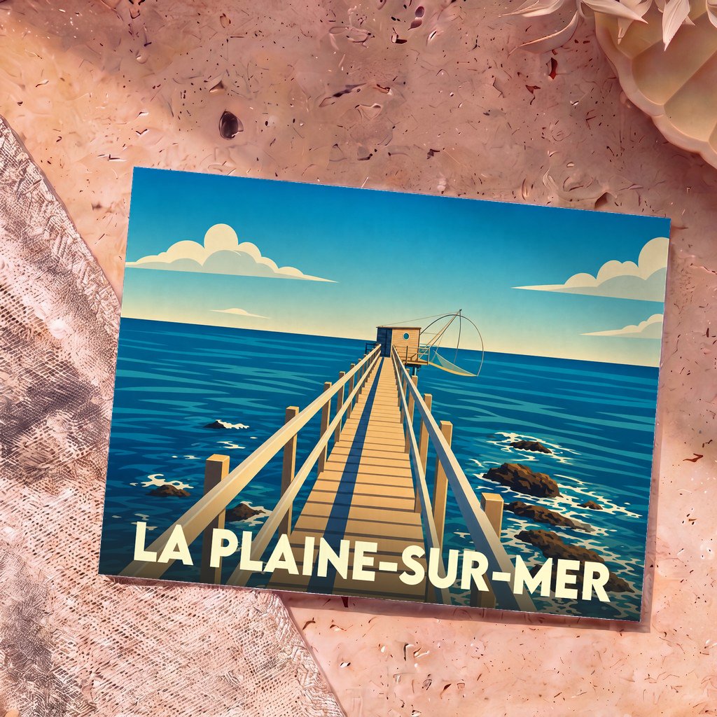Carte postale souvenir de la ville de La Plaine-sur-Mer illustrant un ponton de pêche traditionnel face à l'océan.