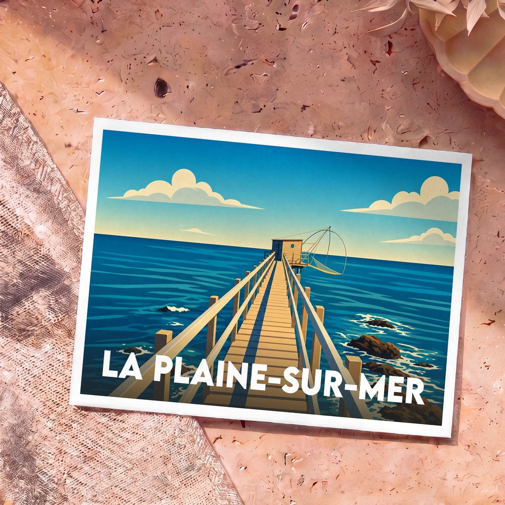 Carte postale souvenir de la ville de La Plaine-sur-Mer illustrant une pêcherie traditionnelle sur un ponton en bois.
