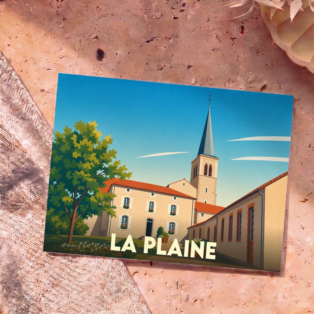 Carte postale souvenir de la ville de La Plaine avec une illustration stylisée montrant son église et ses bâtiments typiques.