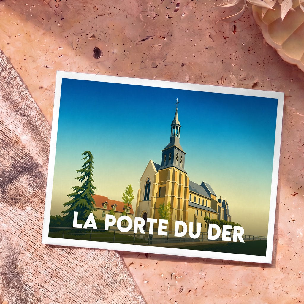 Carte postale souvenir de la ville de La Porte du Der avec une illustration stylisée de son église.