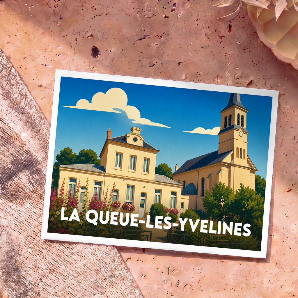 Carte postale souvenir de la commune de La Queue-les-Yvelines avec une illustration stylisée de son église et de ses bâtiments.