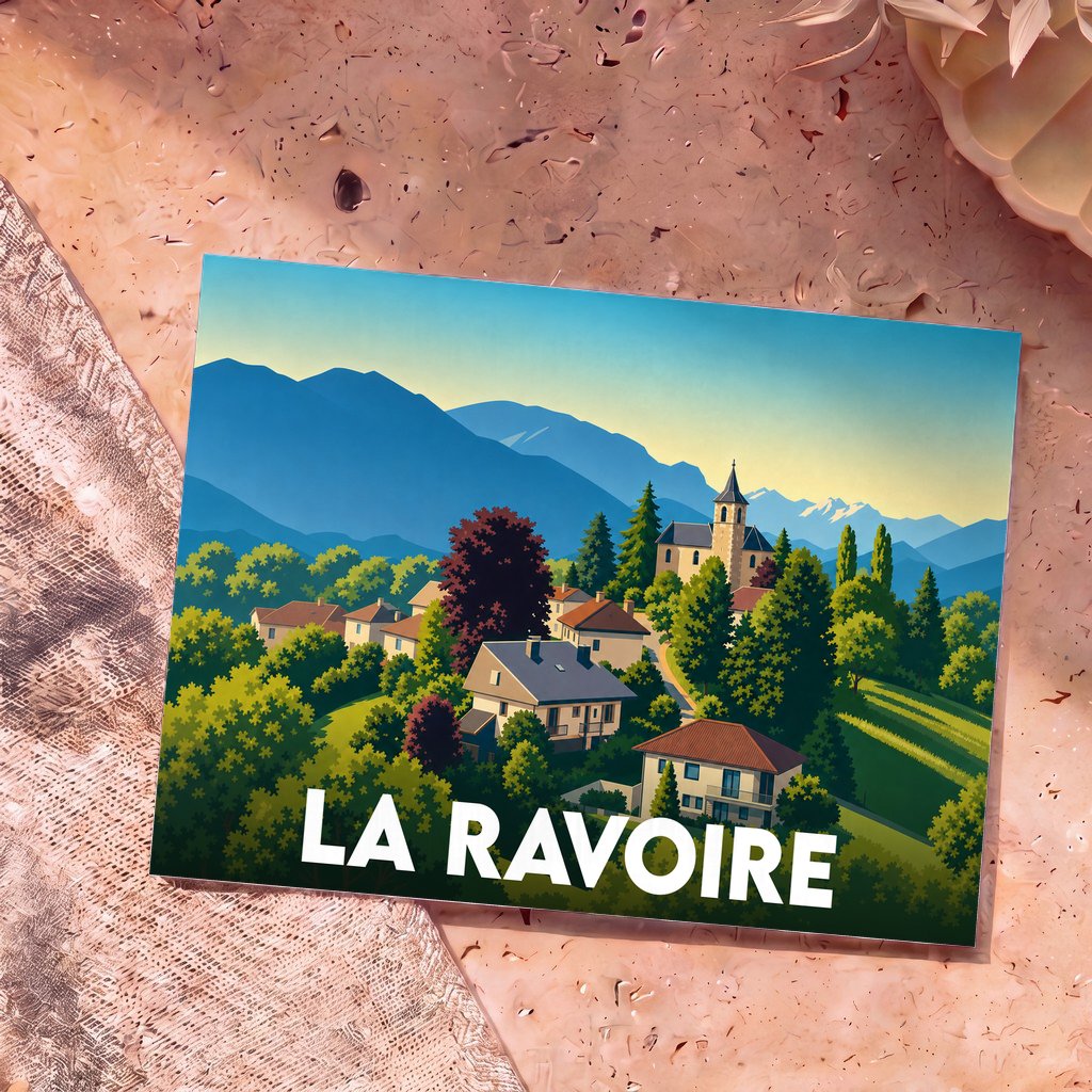 Carte postale souvenir de la ville de La Ravoire illustrant un paysage de montagne stylisé.