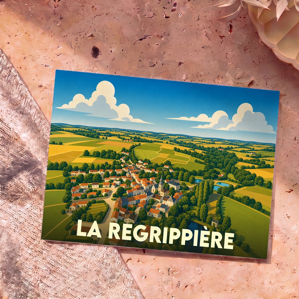 Carte postale souvenir de la ville de La Regrippière avec une illustration stylisée d'un village entouré de champs.