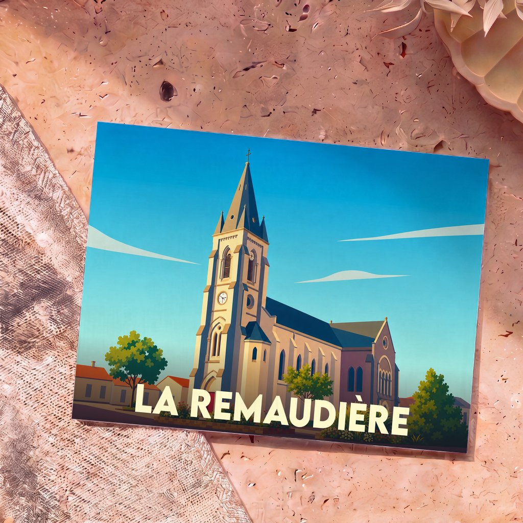 Carte postale souvenir de la ville de La Remaudière avec une illustration stylisée de son église sous un ciel bleu.