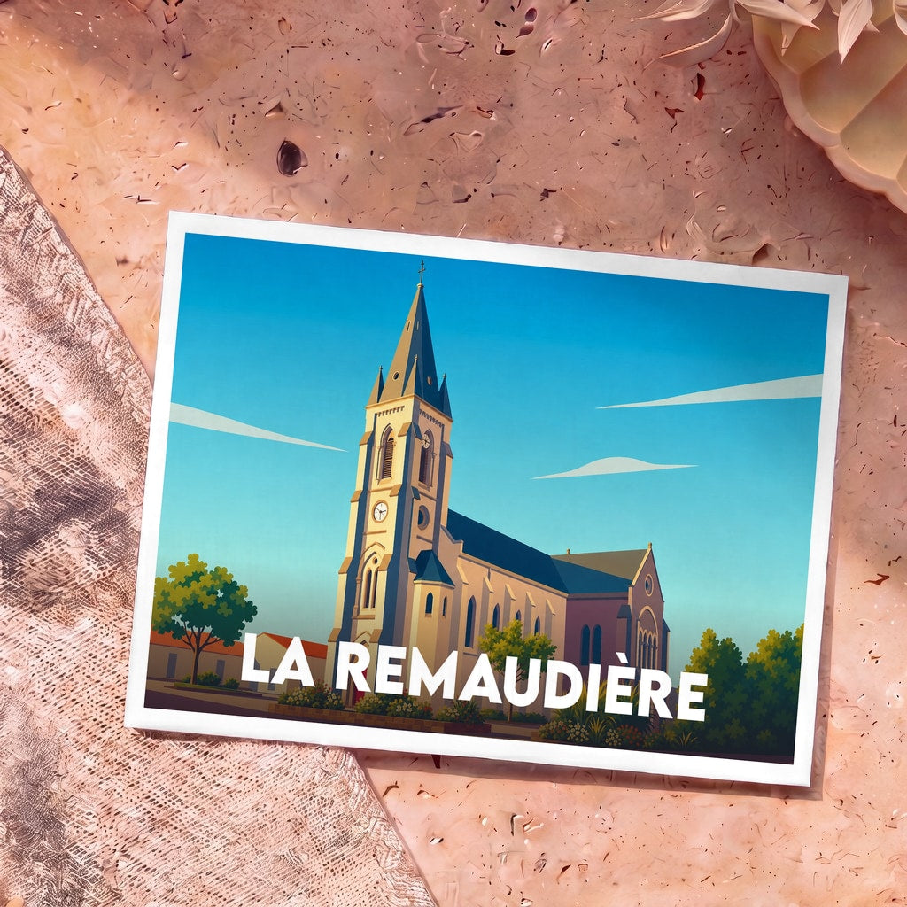 Carte postale souvenir de la ville de La Remaudière avec une illustration stylisée de son église sous un ciel bleu.