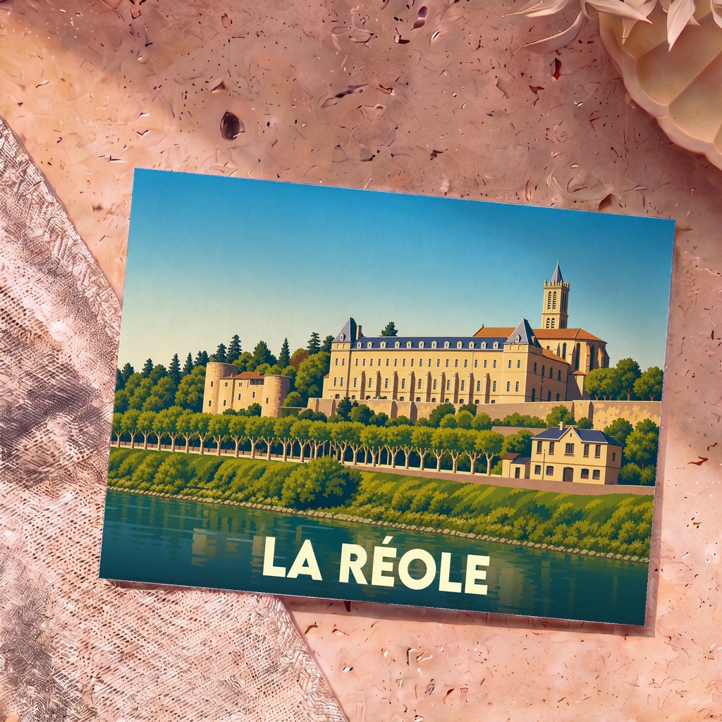 Carte postale souvenir de la ville de La Réole avec une illustration stylisée de ses monuments au bord de l'eau.