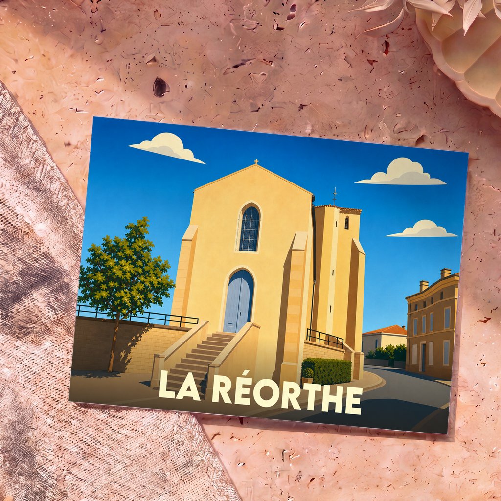 Carte postale souvenir de la ville de La Réorthe avec une illustration stylisée de son église sous un ciel bleu.