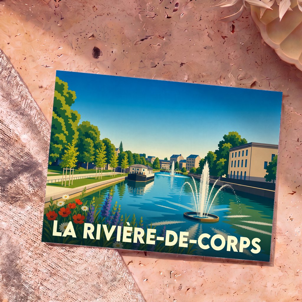 Carte postale souvenir de la ville de La Rivière-de-Corps avec une illustration stylisée d'un canal et de ses fontaines.