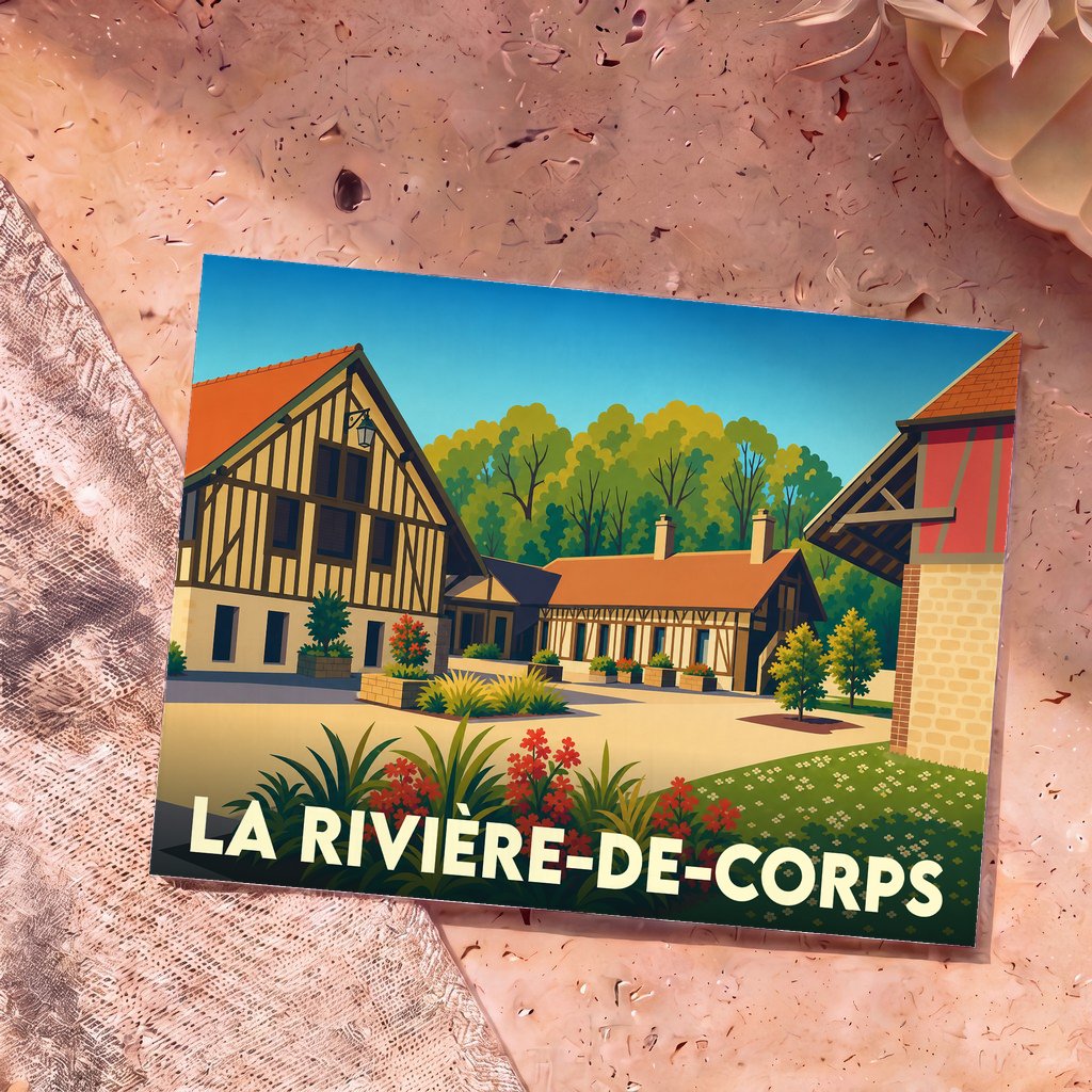 Carte postale souvenir de la ville de La Rivière-de-Corps avec une illustration stylisée de maisons à colombages.