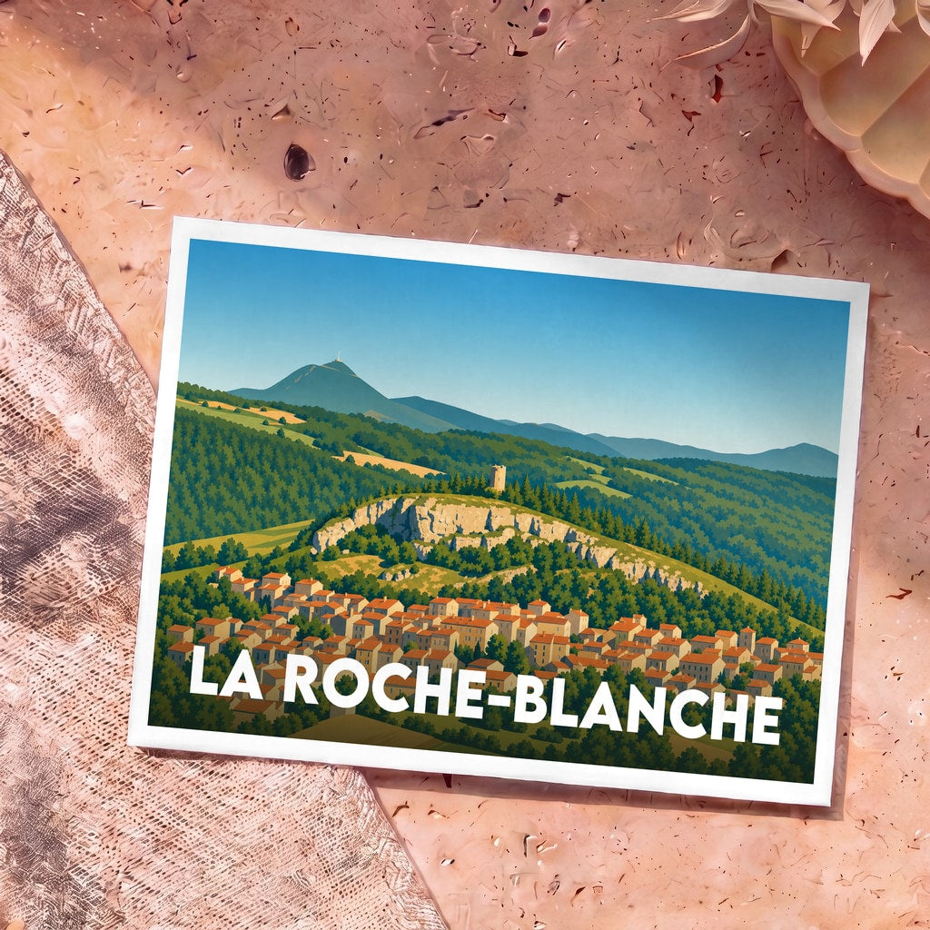 Carte postale souvenir de la ville de La Roche-Blanche avec une illustration stylisée de son paysage vallonné.