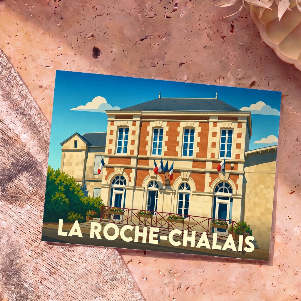 Carte postale souvenir de la ville de La Roche-Chalais avec une illustration stylisée de sa mairie.