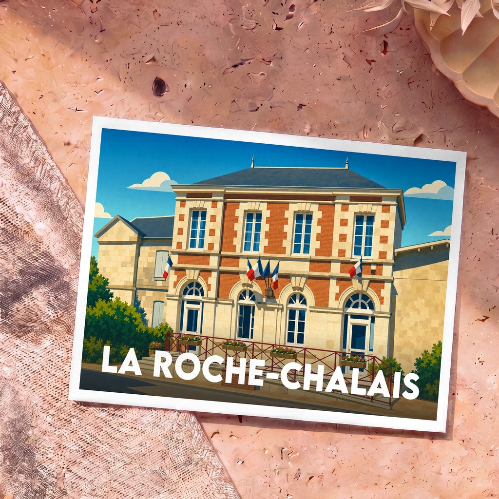 Carte postale souvenir de la ville de La Roche-Chalais avec une illustration stylisée de sa mairie.