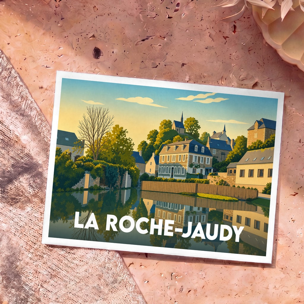 Carte postale souvenir de la ville de La Roche-Jaudy avec une illustration stylisée et colorée.