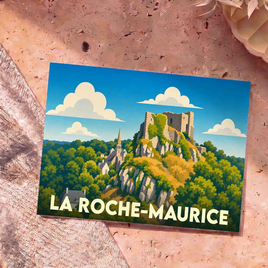 Carte postale souvenir de la ville de La Roche-Maurice avec une illustration stylisée de son château et de son église.