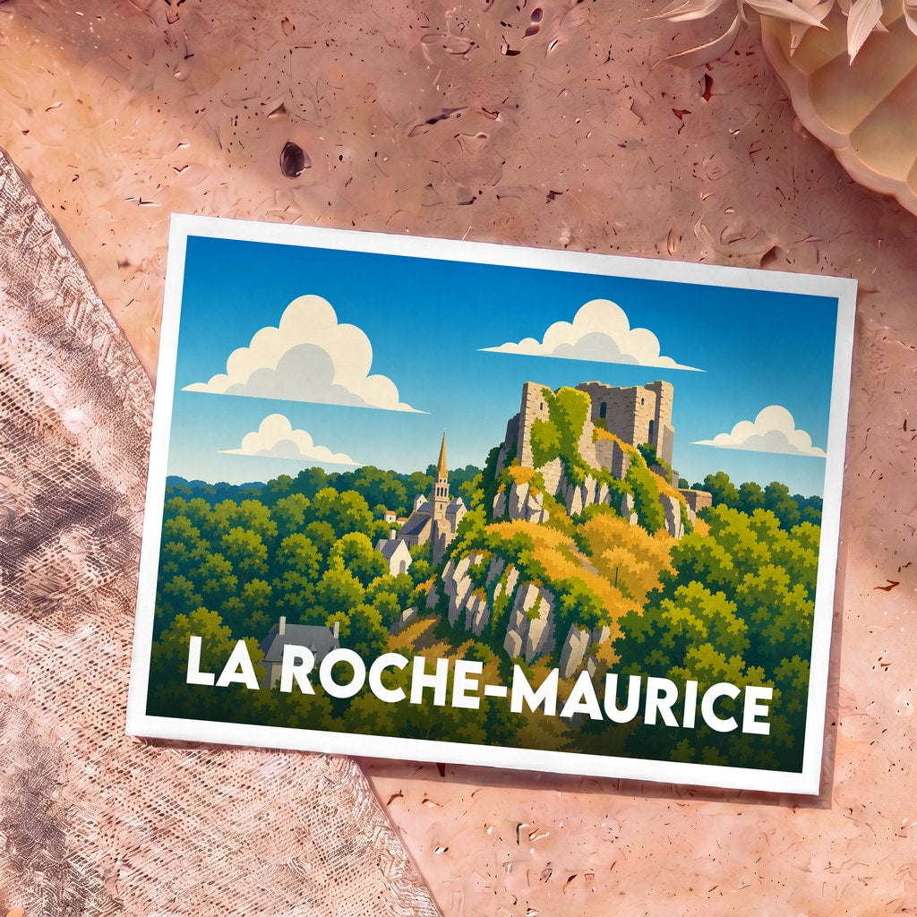 Carte postale souvenir de la ville de La Roche-Maurice avec une illustration stylisée de son château et de son église.