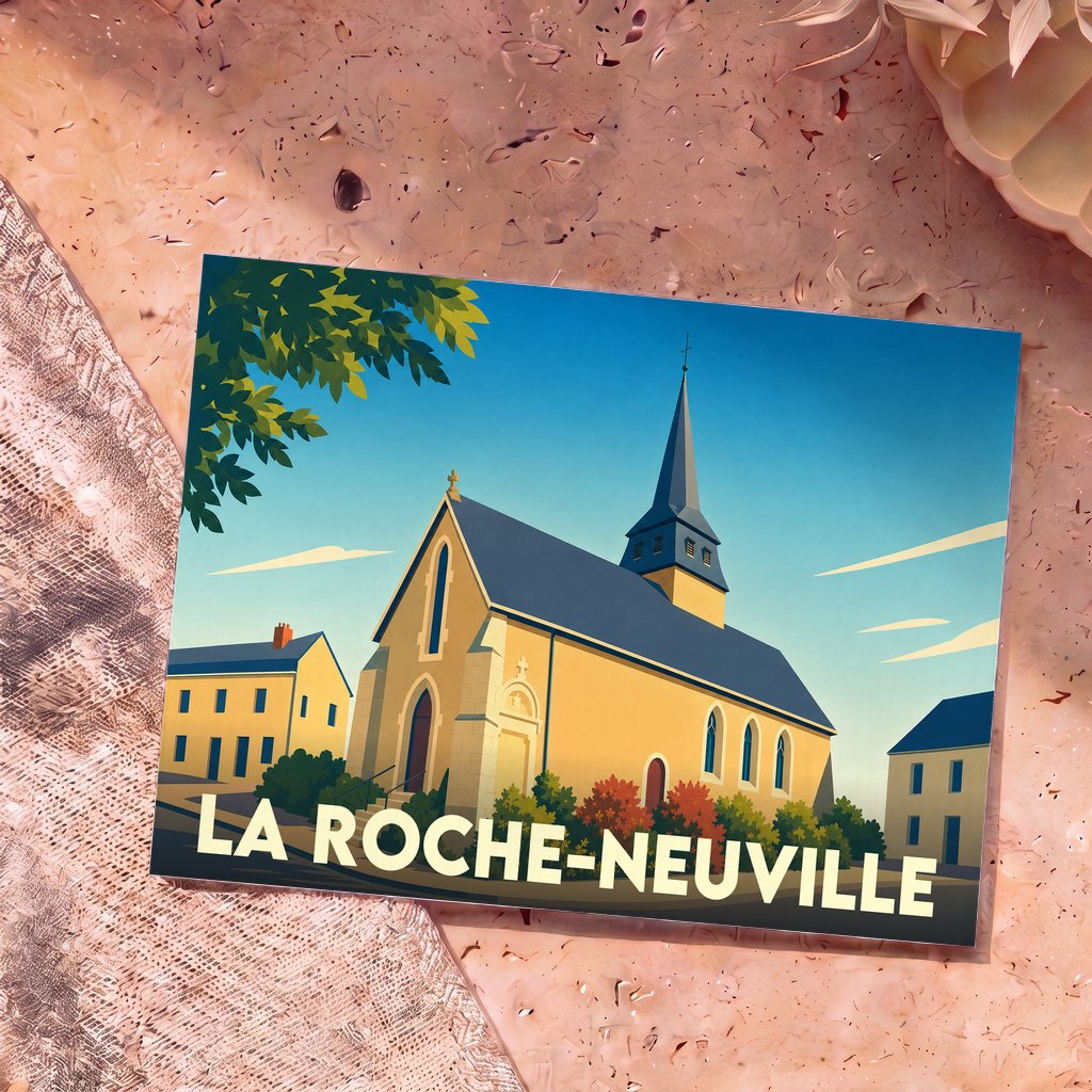 Carte postale souvenir de la ville de La Roche-Neuville avec une illustration stylisée de son église.
