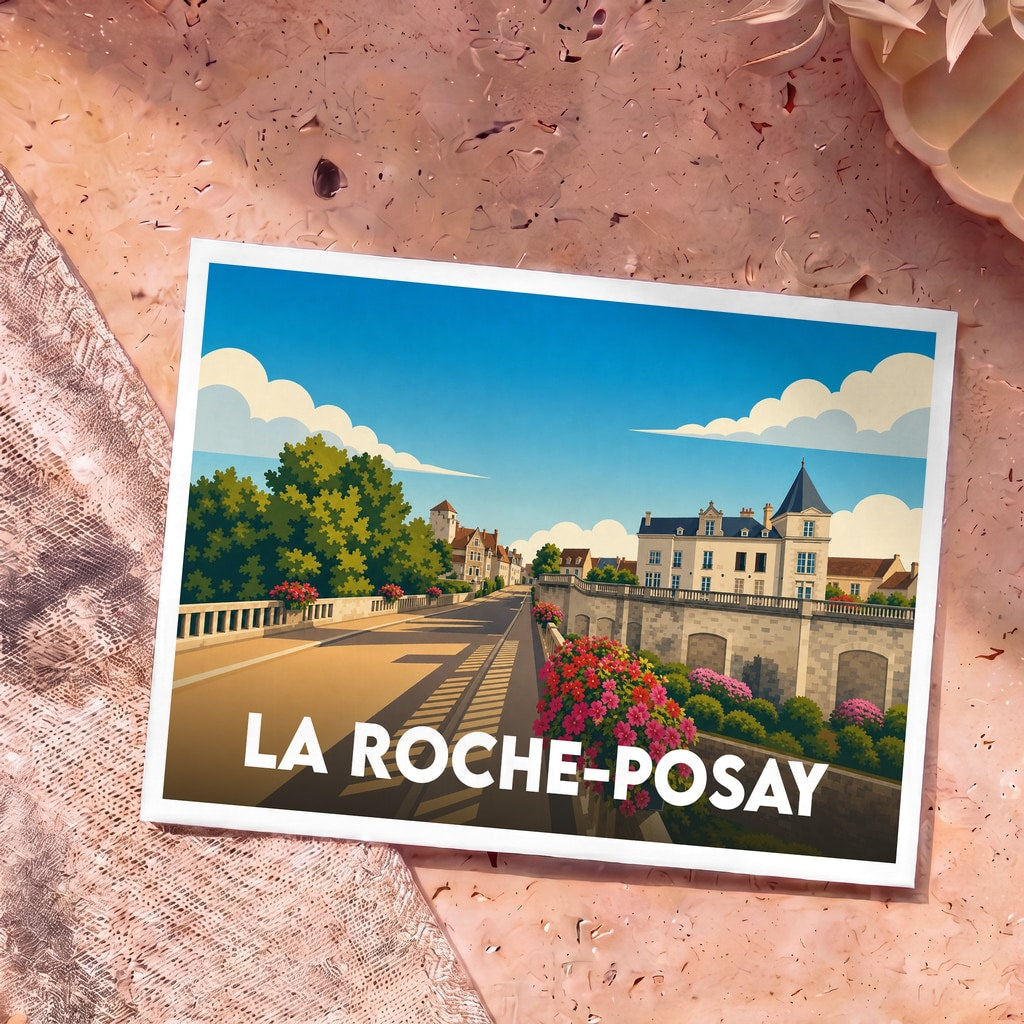 Carte postale souvenir de la ville de La Roche-Posay illustrant un paysage urbain stylisé et coloré.
