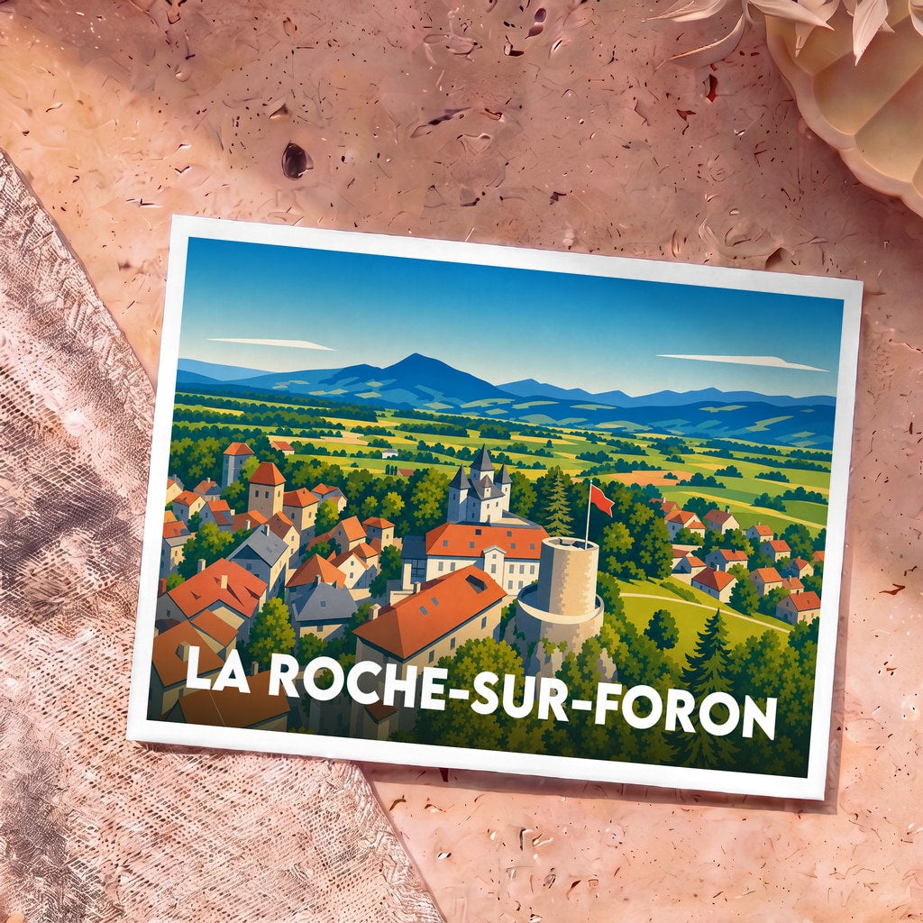 Carte postale souvenir de la ville de La Roche-sur-Foron illustrant son paysage historique dans un style graphique épuré.