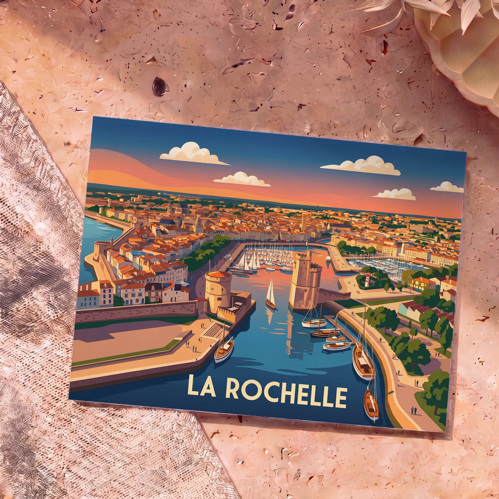 Carte postale souvenir de la ville de La Rochelle avec une illustration stylisée de son vieux port et de ses tours emblématiques.