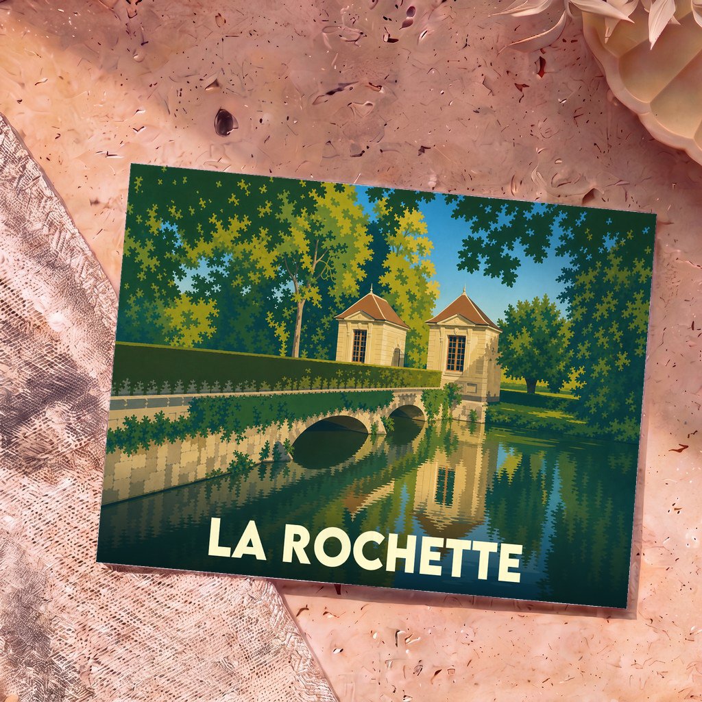 Carte postale souvenir de la ville de La Rochette avec une illustration stylisée d'un pont en pierre et de ses pavillons bordant l'eau.