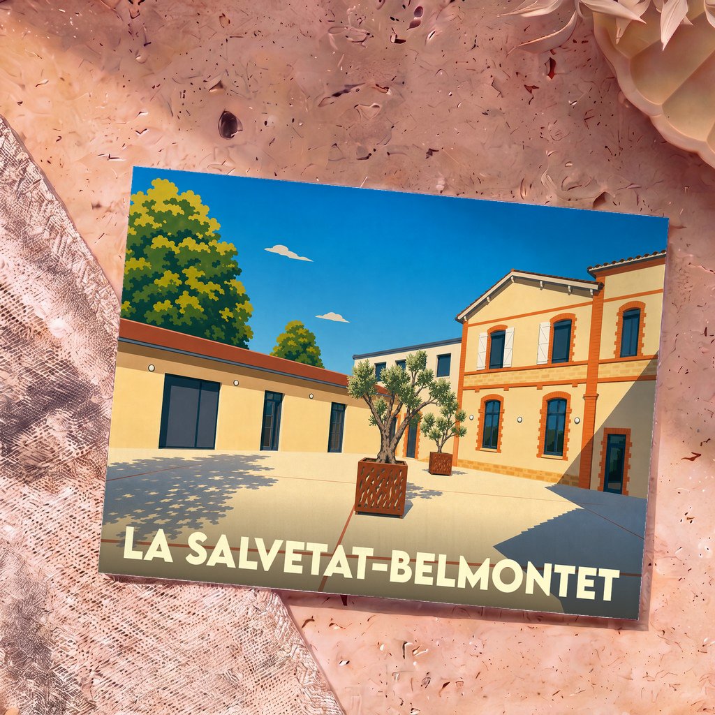 Carte postale souvenir de la ville de La Salvetat-Belmontet avec une illustration stylisée d'une cour ensoleillée.